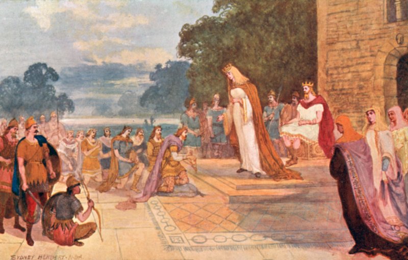 El rey Edgar con la reina Elfrida recibiendo el homenaje de ocho príncipes tributarios en Chester, 973 d.C. de Sydney Herbert