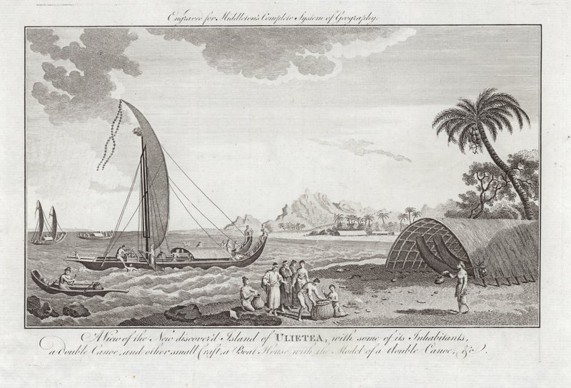Vista de la Isla Descubierta de Ulieta con algunos de sus habitantes de Sydney Parkinson