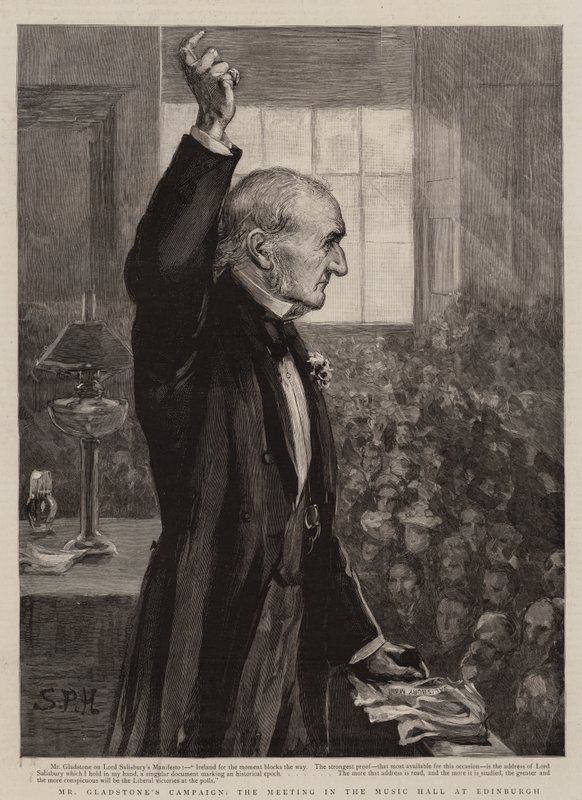 La campaña del Sr. Gladstone, la reunión en el Music Hall en Edimburgo de Sydney Prior (after) Hall