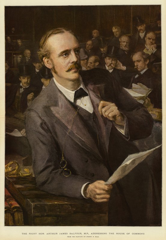 El Muy Honorable Arthur James Balfour, MP, dirigiéndose a la Cámara de los Comunes de Sydney Prior (after) Hall