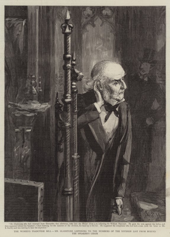El proyecto de ley de franquicia femenina, el Sr. Gladstone escuchando los números de la lista de división desde detrás de la silla del orador de Sydney Prior (after) Hall
