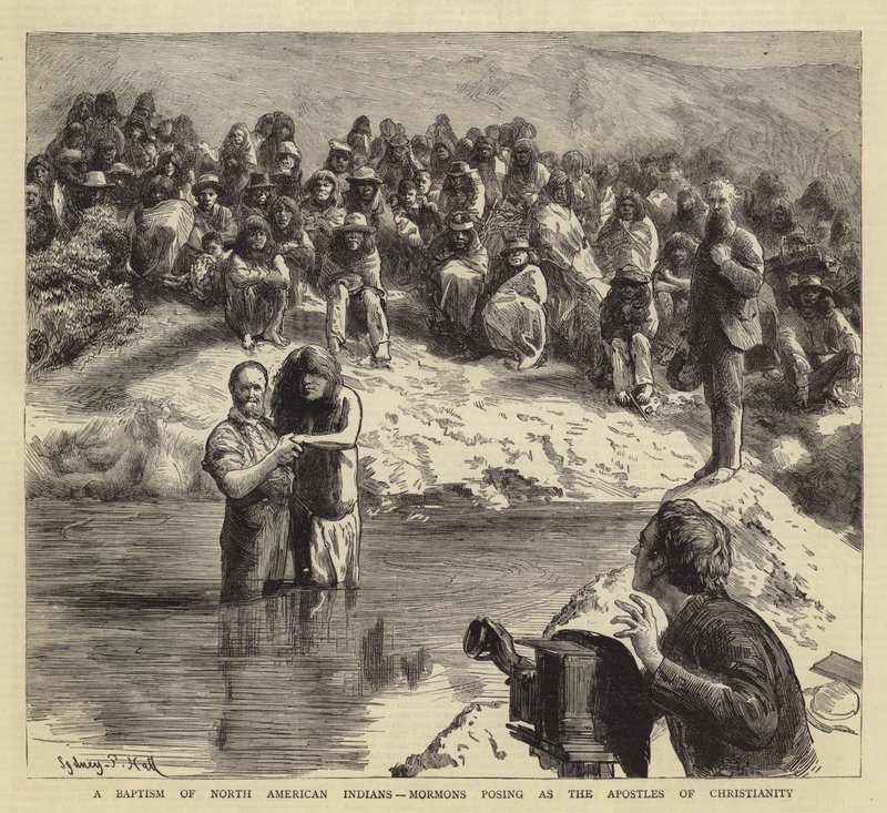 Un bautismo de indios norteamericanos, mormones posando como los apóstoles del cristianismo de Sydney Prior Hall