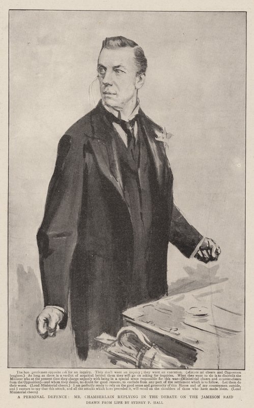 Una defensa personal, el Sr. Chamberlain respondiendo en el debate sobre el Jameson Raid de Sydney Prior Hall