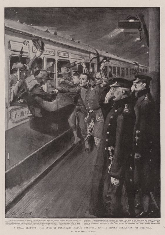 Una despedida real, el Duque de Connaught despidiendo al segundo destacamento del CIV de Sydney Prior Hall