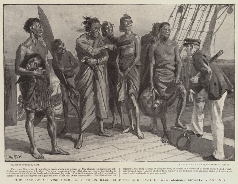 Venta de una cabeza viva, una escena a bordo de un barco frente a la costa de Nueva Zelanda hace setenta años de Sydney Prior Hall