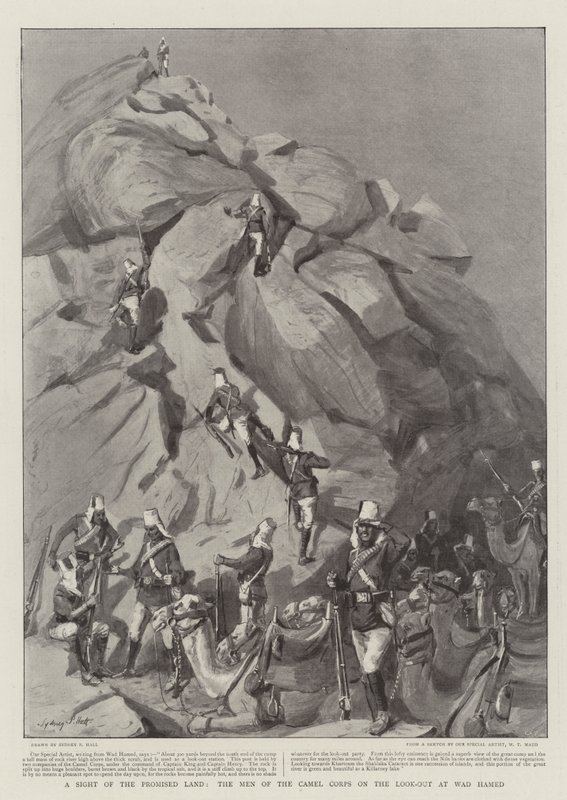 Una vista de la Tierra Prometida, los hombres del Cuerpo de Camellos en la vigilancia en Wad Hamed de Sydney Prior Hall