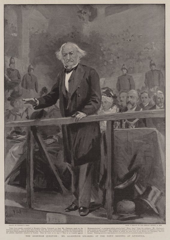 Una cuestión armenia, el Sr. Gladstone hablando en la reunión del pueblo en Liverpool de Sydney Prior Hall
