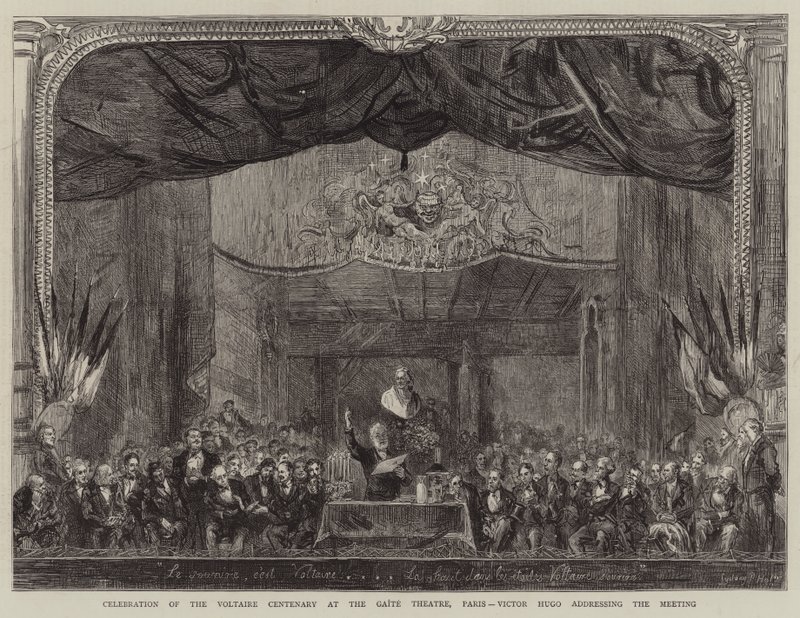 Celebración del Centenario de Voltaire en el Teatro Gaite, París, Victor Hugo dirigiéndose a la reunión de Sydney Prior Hall