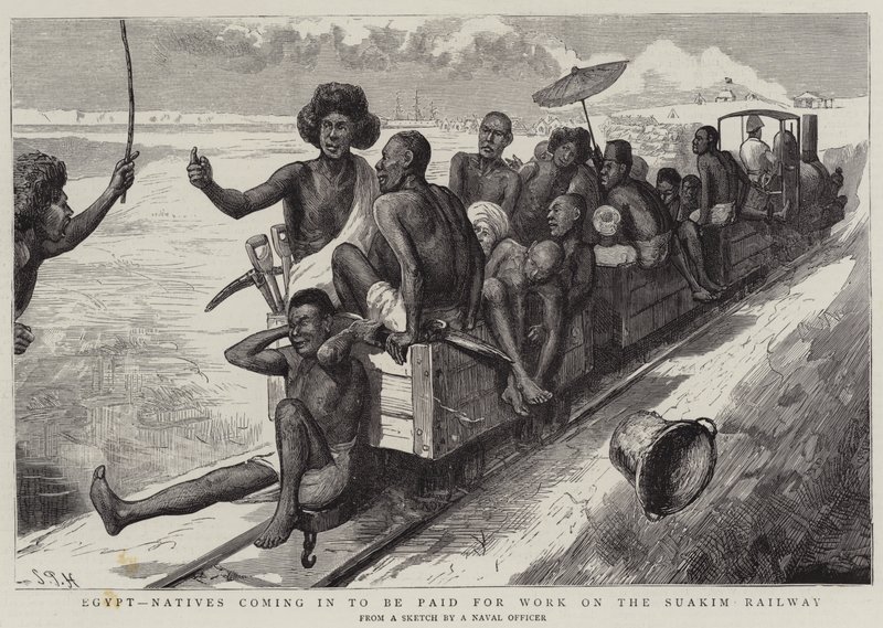 Egipto, nativos llegando para ser pagados por el trabajo en el ferrocarril de Suakim de Sydney Prior Hall