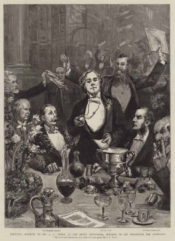 Banquete de despedida al Sr. J L Toole, en el Hotel Metropole, antes de su partida a Australia de Sydney Prior Hall