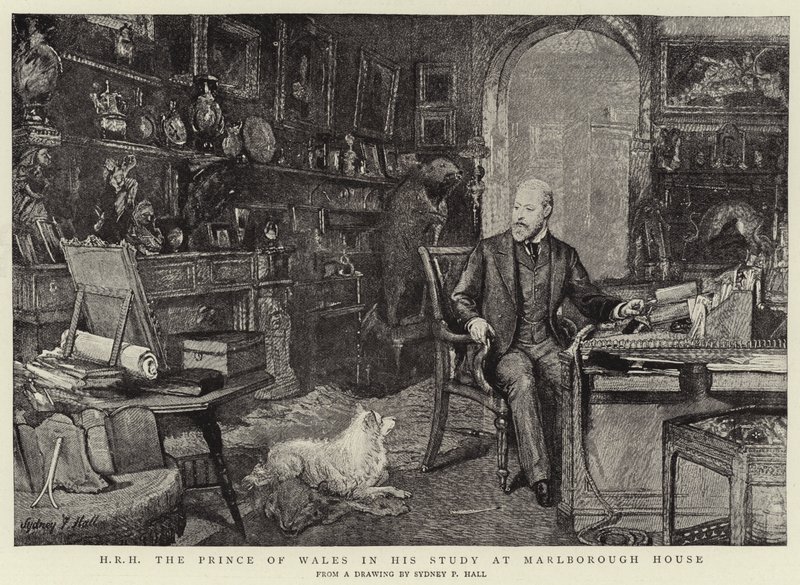 S.A.R. El Príncipe de Gales en su estudio en Marlborough House de Sydney Prior Hall