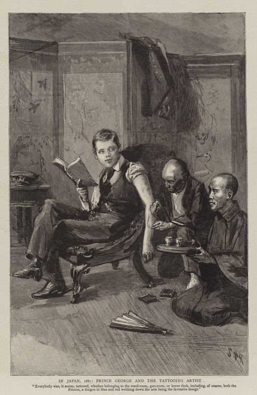 En Japón, 1881, el Príncipe George y el artista del tatuaje de Sydney Prior Hall