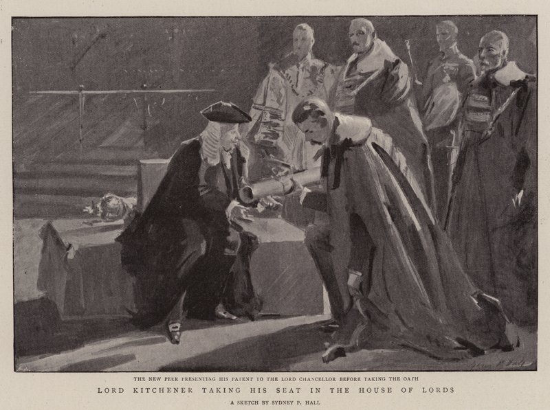 Lord Kitchener tomando su asiento en la Cámara de los Lores de Sydney Prior Hall