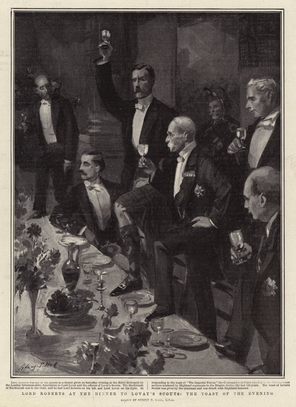 Lord Roberts en la Cena de los Scouts de Lovat, el Brindis de la Noche de Sydney Prior Hall