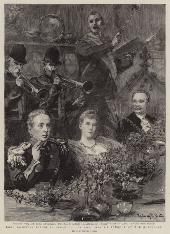 Lord Rosebery levantándose para hablar en el banquete del alcalde en el Guildhall de Sydney Prior Hall