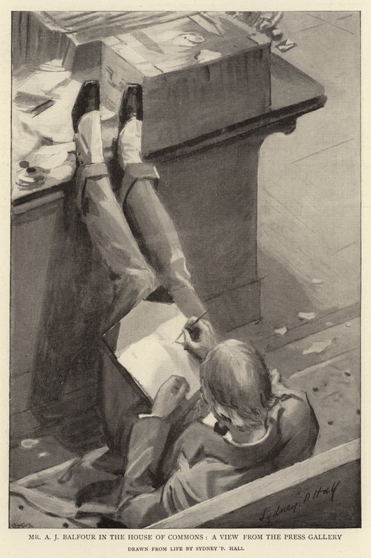 Sr. A J Balfour en la Cámara de los Comunes, una vista desde la galería de prensa de Sydney Prior Hall