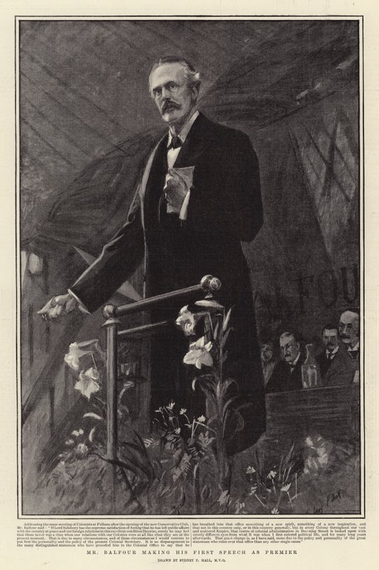 El Sr. Balfour dando su primer discurso como Primer Ministro de Sydney Prior Hall