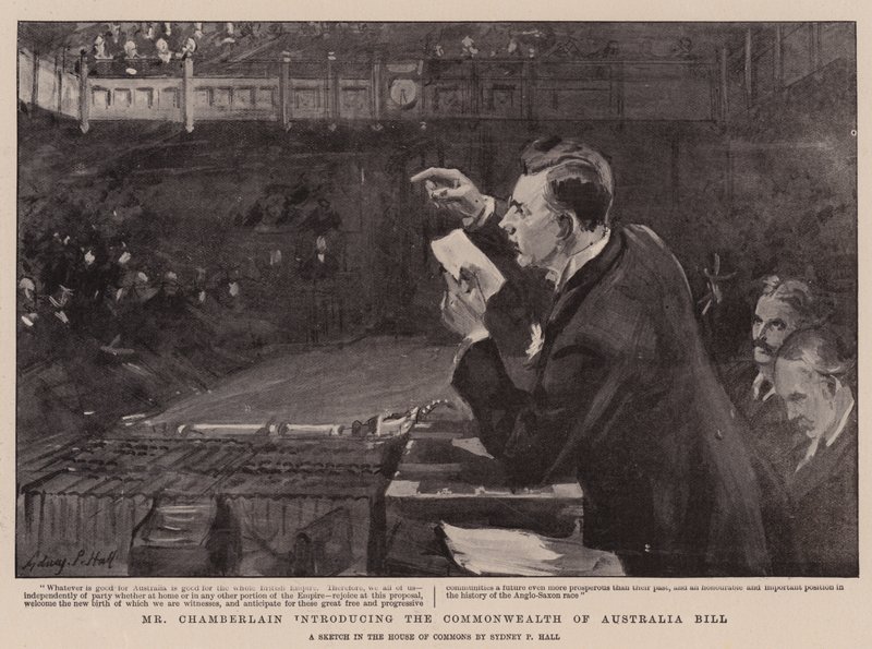 El Sr. Chamberlain presentando el Proyecto de Ley de la Commonwealth de Australia de Sydney Prior Hall