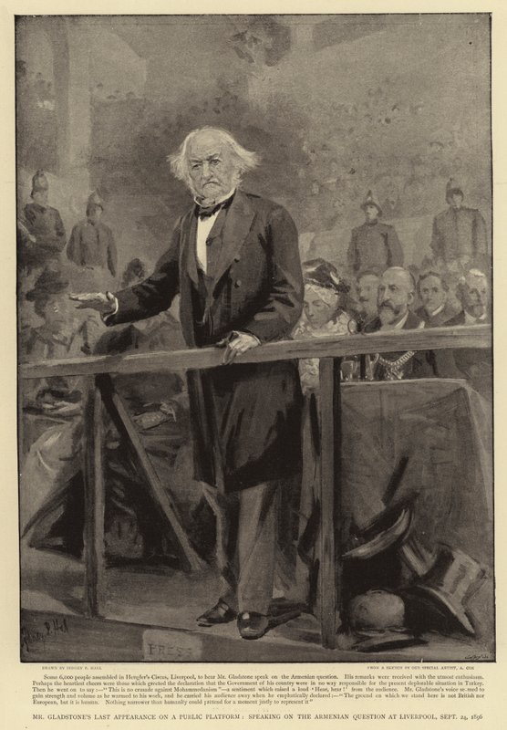 Última Aparición de Mr. Gladstone en una Plataforma Pública, hablando sobre la Cuestión Armenia en Liverpool, 24 de septiembre de 1896 de Sydney Prior Hall