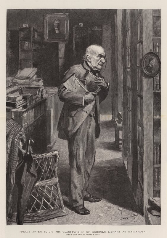 Paz después del Trabajo, Sr. Gladstone en la Biblioteca de St Deiniol en Hawarden de Sydney Prior Hall