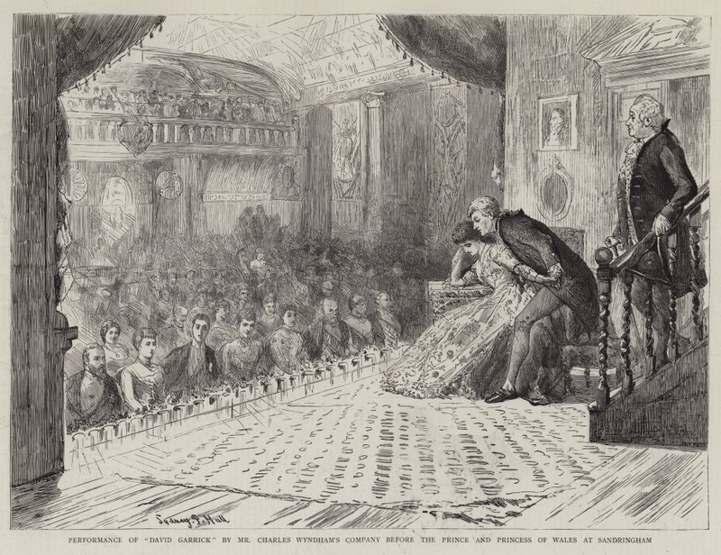 Actuación de David Garrick por la compañía de Mr Charles Wyndham ante el Príncipe y la Princesa de Gales en Sandringham de Sydney Prior Hall