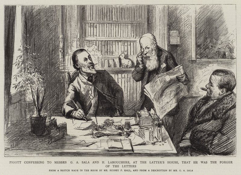 Pigott confesando a los señores G A Sala y H Labouchere, en la casa de este último, que él era el falsificador de las cartas de Sydney Prior Hall