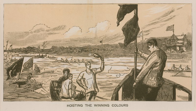 Reminiscencias de una Carrera de Botes de Oxford y Cambridge: Izando los colores ganadores de Sydney Prior Hall