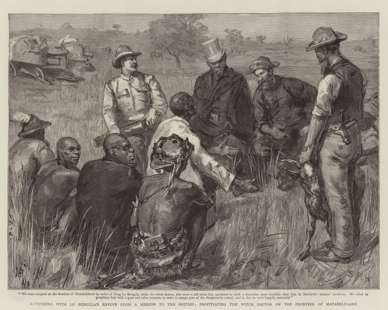 Regresando con los enviados de Lo Bengula de una misión a los británicos, propiciando al curandero en la frontera de Matabeleland de Sydney Prior Hall