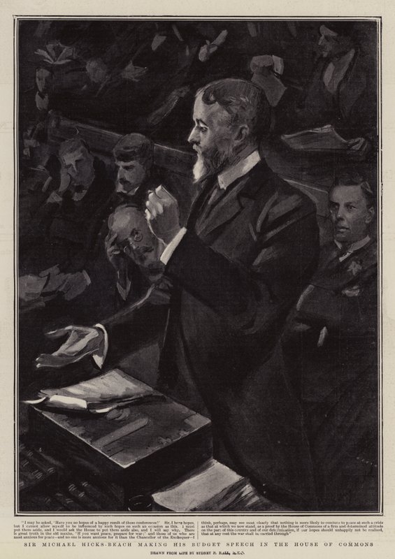 Sir Michael Hicks-Beach dando su Discurso Presupuestario en la Cámara de los Comunes de Sydney Prior Hall