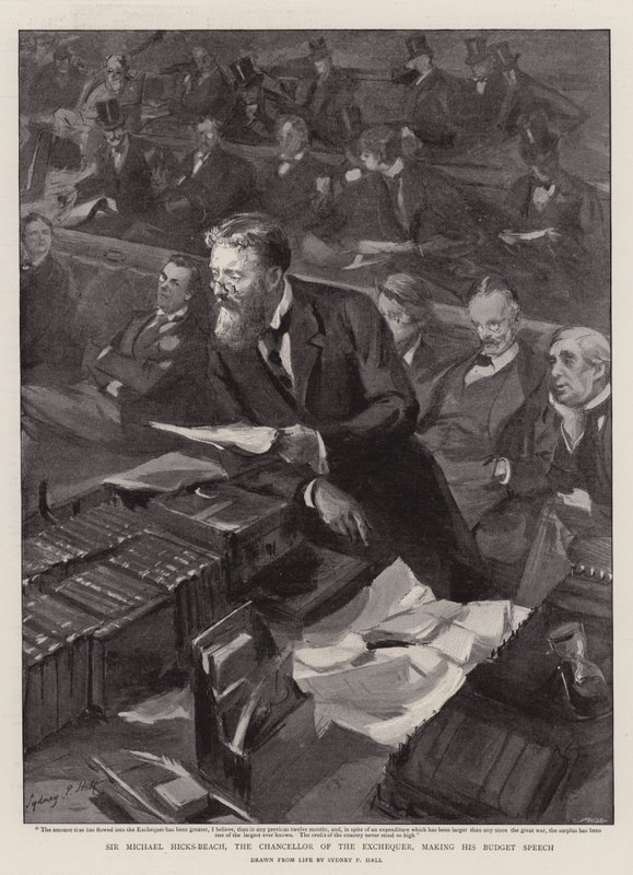 Sir Michael Hicks-Beach, el Canciller del Exchequer, dando su Discurso del Presupuesto de Sydney Prior Hall