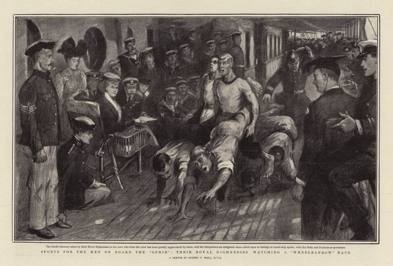 Deportes para los hombres a bordo del Ophir, sus Altezas Reales observando una carrera de carretillas de Sydney Prior Hall