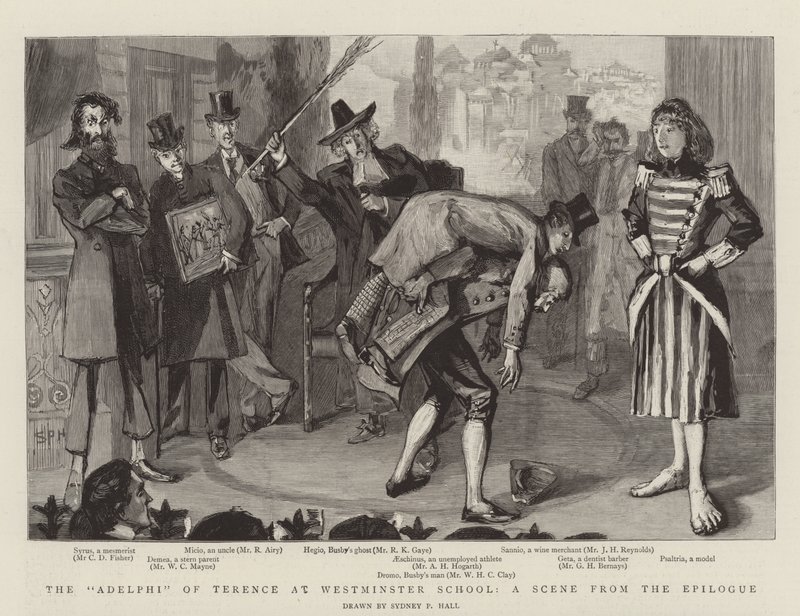 El Adelphi de Terencio en la Escuela de Westminster, una escena del epílogo de Sydney Prior Hall
