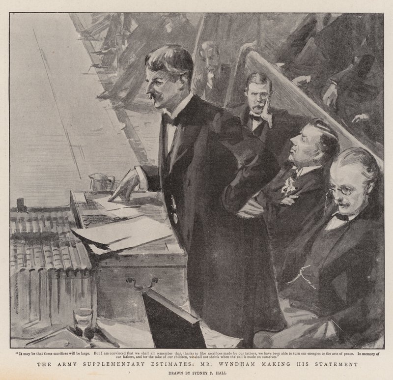 Las estimaciones suplementarias del ejército, declaración de Mr. Wyndham de Sydney Prior Hall