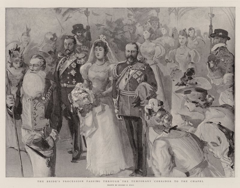 La procesión de la novia pasando por el corredor temporal hacia la capilla de Sydney Prior Hall