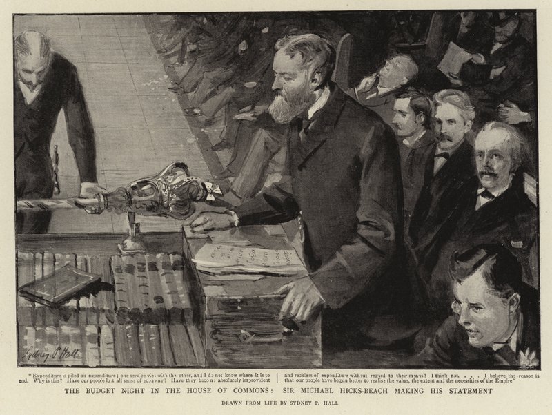 La noche del presupuesto en la Cámara de los Comunes, Sir Michael Hicks-Beach haciendo su declaración de Sydney Prior Hall