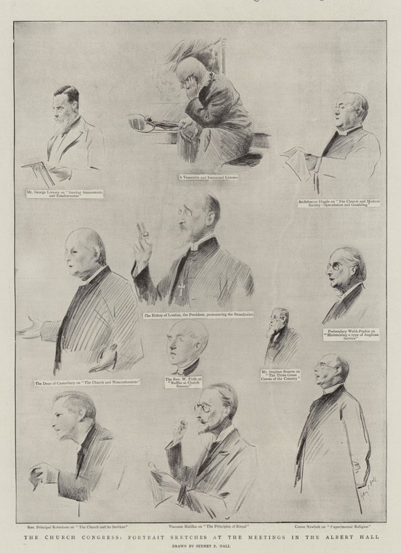 El Congreso de la Iglesia, bocetos de retratos en las reuniones en el Albert Hall de Sydney Prior Hall