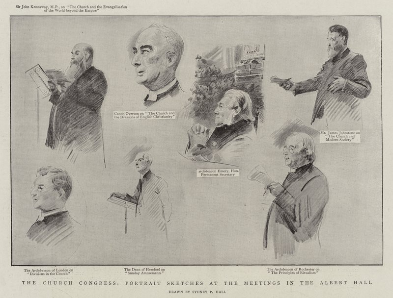 El Congreso de la Iglesia, bocetos de retratos en las reuniones en el Albert Hall de Sydney Prior Hall