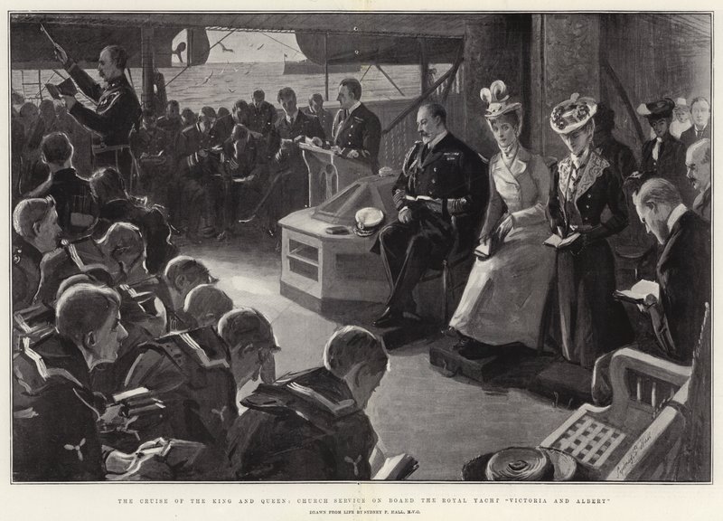 El crucero del Rey y la Reina, servicio religioso a bordo del yate real Victoria y Albert de Sydney Prior Hall