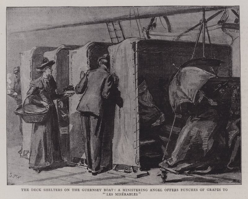 Los refugios en la cubierta del barco de Guernsey, un ángel ministrante ofrece racimos de uvas a los miserables de Sydney Prior Hall