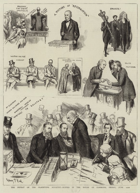 La derrota del Ministerio Gladstone, escenas en la Cámara de los Comunes, viernes 12 de junio de Sydney Prior Hall