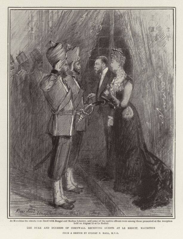 El Duque y la Duquesa de Cornwall recibiendo invitados en Le Reduit, Mauricio de Sydney Prior Hall