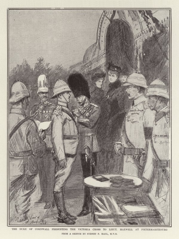 El Duque de Cornwall presentando la Cruz Victoria al Teniente Maxwell en Pietermaritzburg de Sydney Prior Hall