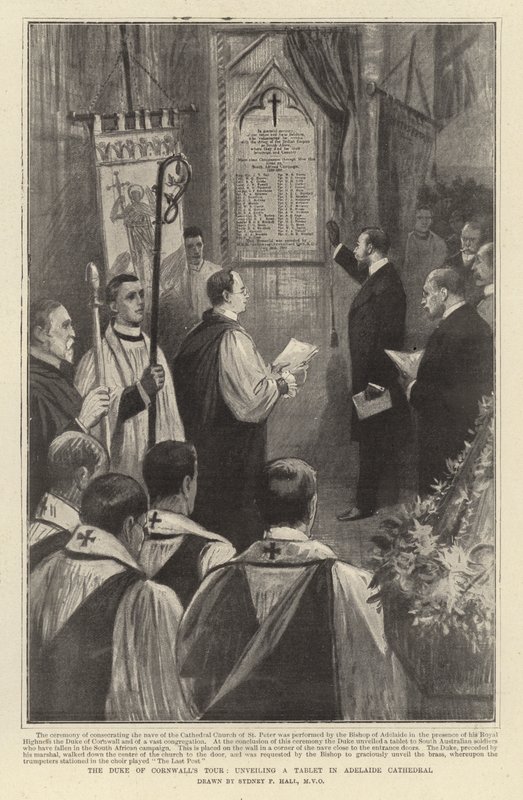 La gira del Duque de Cornwall, develando una placa en la Catedral de Adelaida de Sydney Prior Hall