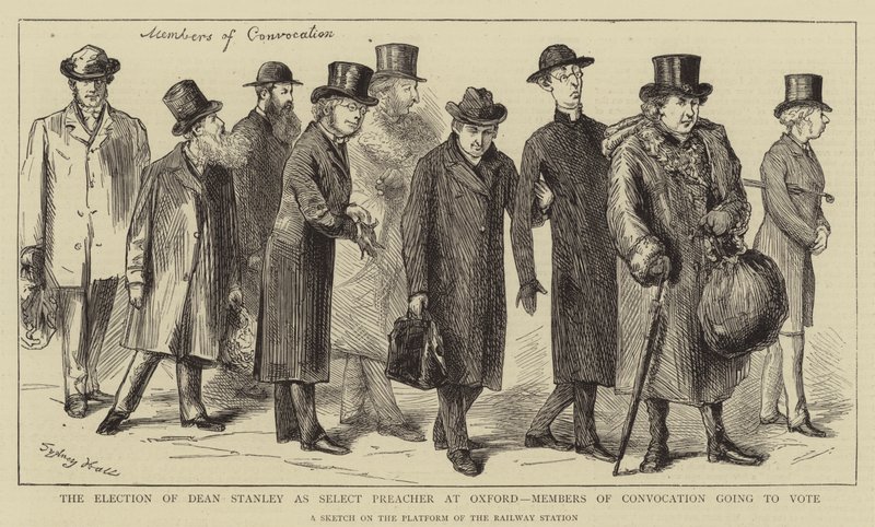 La elección del Decano Stanley como Predicador Selecto en Oxford, miembros de la Convocación yendo a votar de Sydney Prior Hall