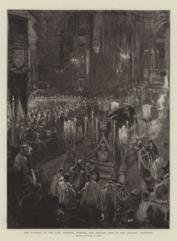 El funeral del difunto Cardenal Manning, la Misa de Réquiem en el Oratorio, Brompton de Sydney Prior Hall