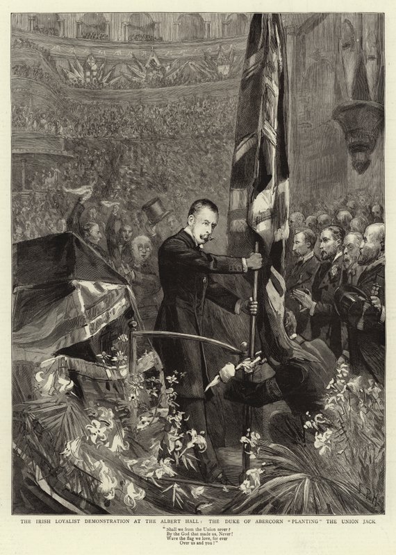 La demostración lealista irlandesa en el Albert Hall, el Duque de Abercorn plantando la Union Jack de Sydney Prior Hall