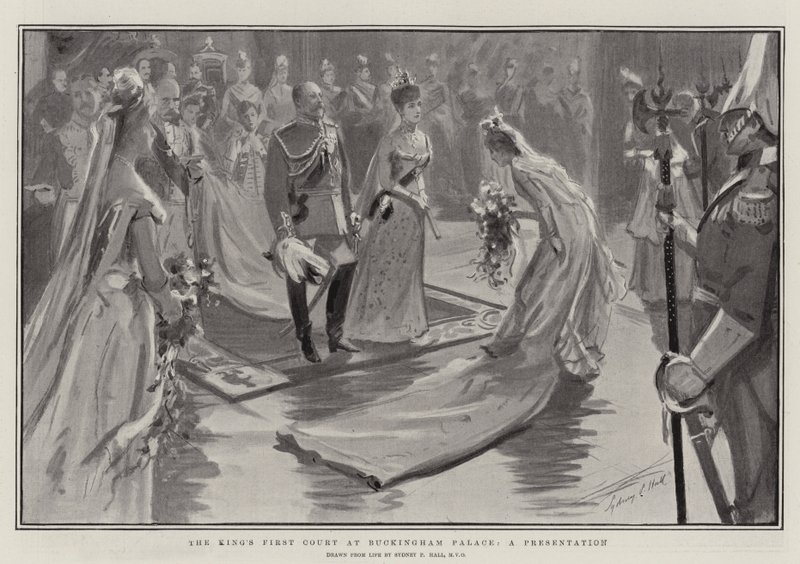 La primera corte del rey en el Palacio de Buckingham, una presentación de Sydney Prior Hall