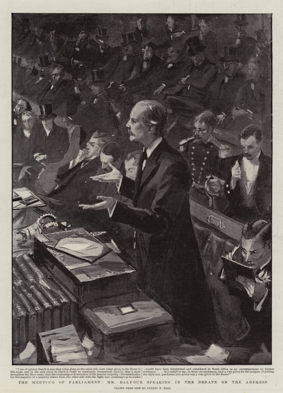 La Reunión del Parlamento, el Sr. Balfour hablando en el Debate sobre el Discurso de Sydney Prior Hall