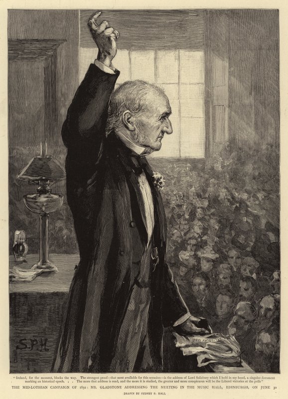 La campaña de Mid-Lothian de 1892, el Sr. Gladstone dirigiéndose a la reunión en el Music Hall, Edimburgo, el 30 de junio de Sydney Prior Hall