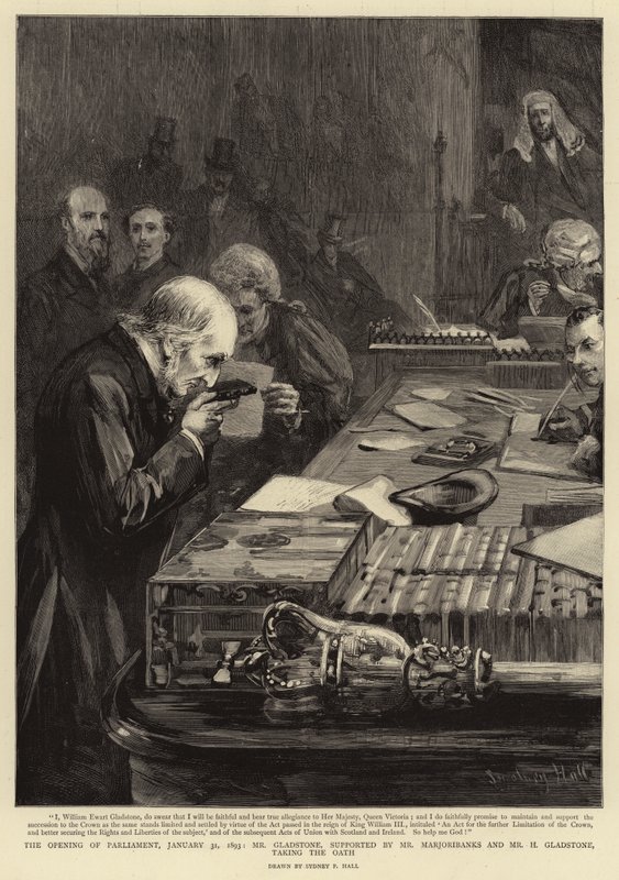La apertura del Parlamento, 31 de enero de 1893, el Sr. Gladstone, apoyado por el Sr. Marjoribanks y el Sr. H Gladstone, tomando el juramento de Sydney Prior Hall